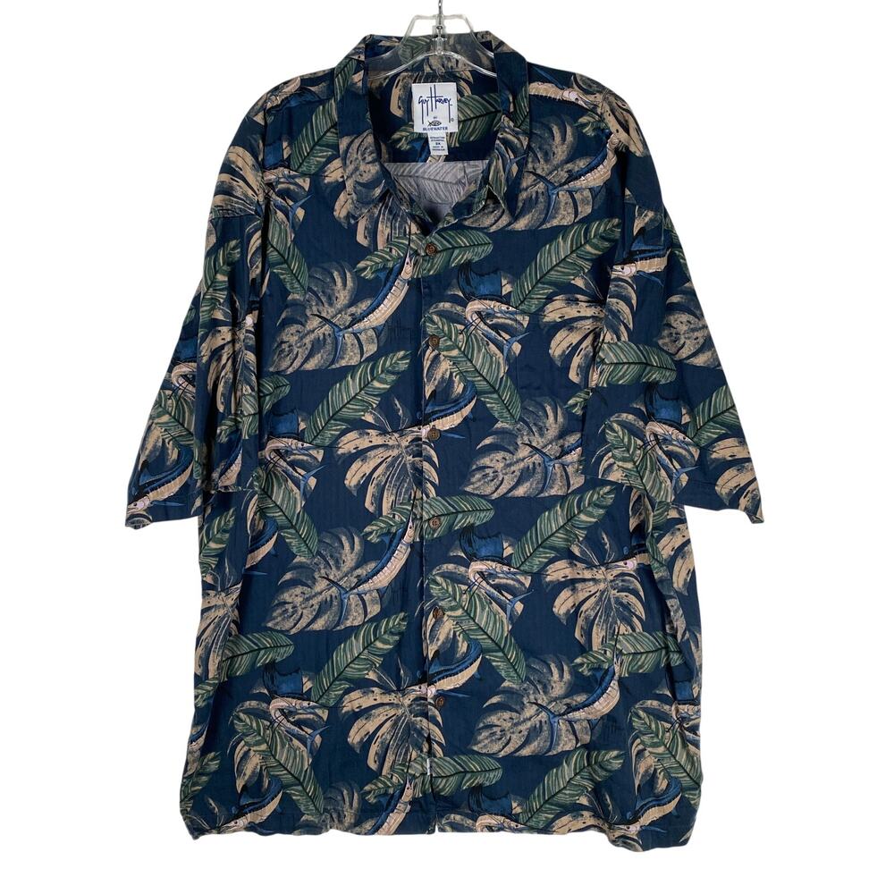 Guy Harvey AFTCO Marlin AOP Hawaiian Shirt Mens 3XL Navy Tropical Resort Fishing